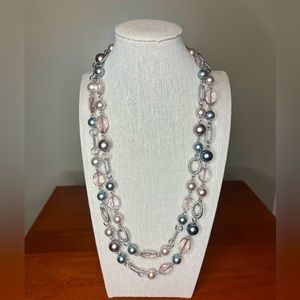 Premier Designs 48” silver chain necklace with pink beads, black & white pearls
